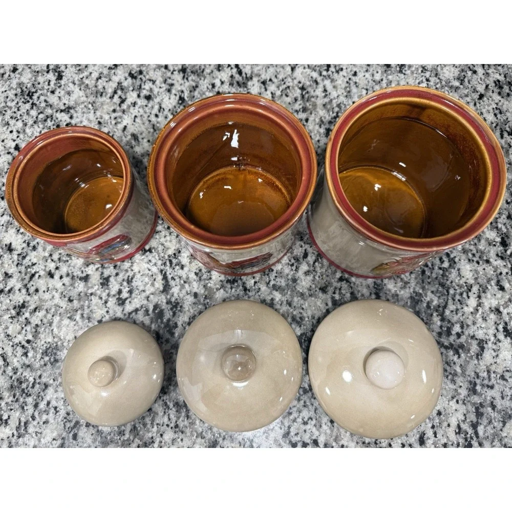 Vintage Rooster Chicken Canister Set of 3 Glazed Pottery Farmhouse Grandma Core